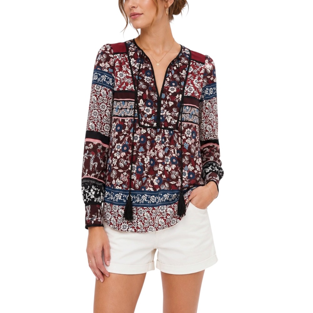 Kate Spade New York Maison Clee Raeda Top XS Hot Chili Floral Boho Tassel Blouse